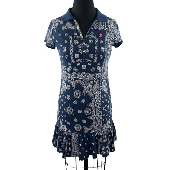 POLO RALPH LAUREN Blue White Cotton Bandana Print Short Sleeve Dress Girls XL - Picture 1 of 13